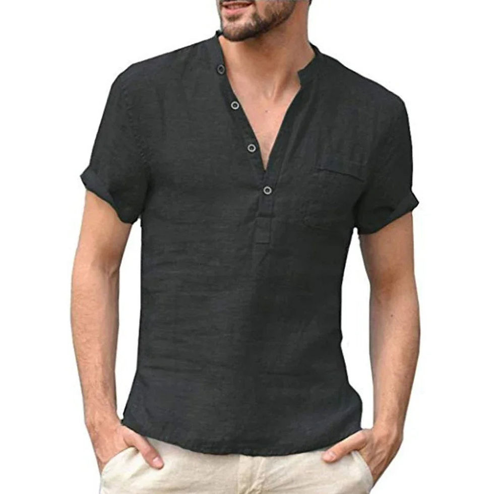 Thumbnail: Casual Men's Linen Shirt – Short Sleeve 3-Button V-Neck Top with Pocket for Ever