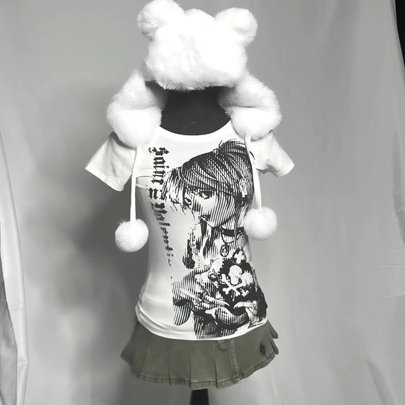 Thumbnail: Y2k anime Streetwear O-neck 90s Text Printing Tops Women Harajuku Clothes Simple
