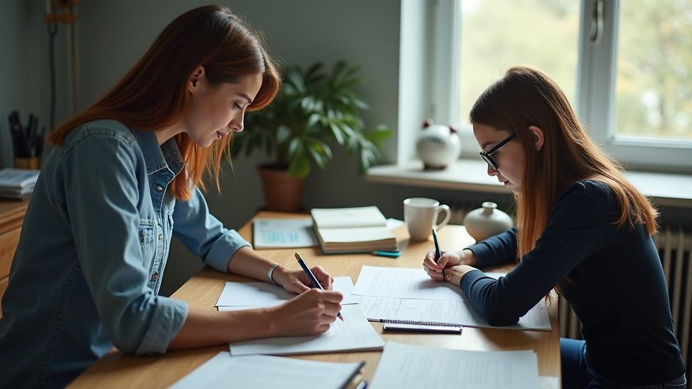 High angle view of a teacher and student working together at a desk