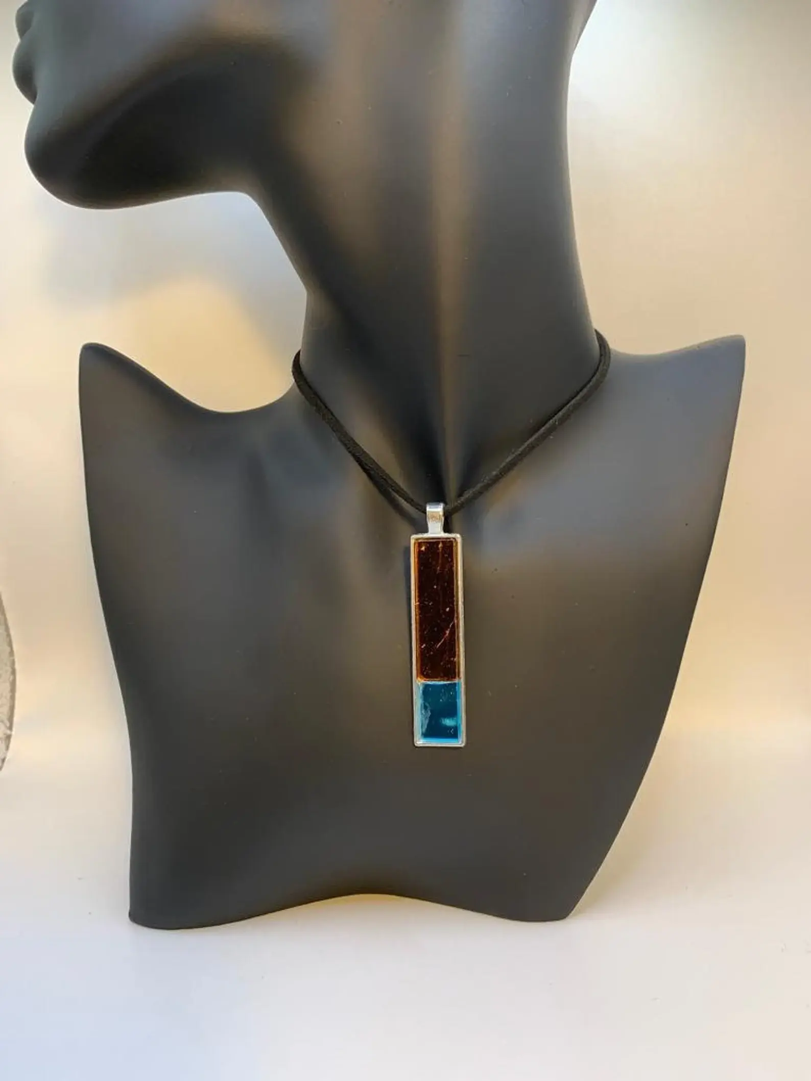 Hand cut bronze and blue mirror glass pendant necklace