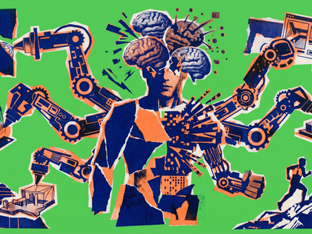 Grafika przedstawia postać z mózgiem, ramionami robotów, komputerami i budynkami. Tło zielone. Dynamiczna kompozycja techniki i natury.