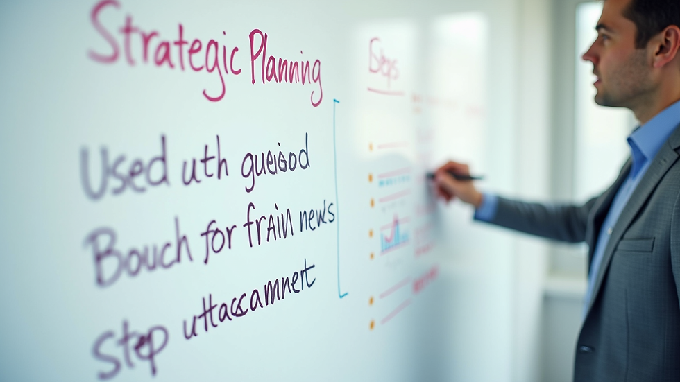 Eye-level view of a whiteboard with strategic planning steps and notes