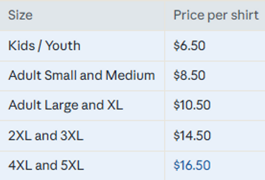 T-Shirt Sizes & Prices