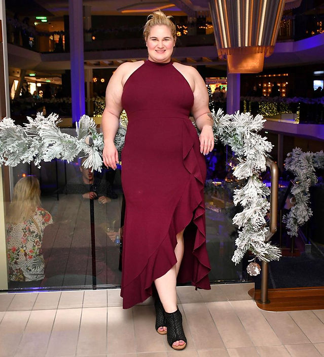 woman in maroon dress