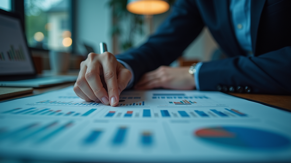 Eye-level view of a person analyzing financial charts