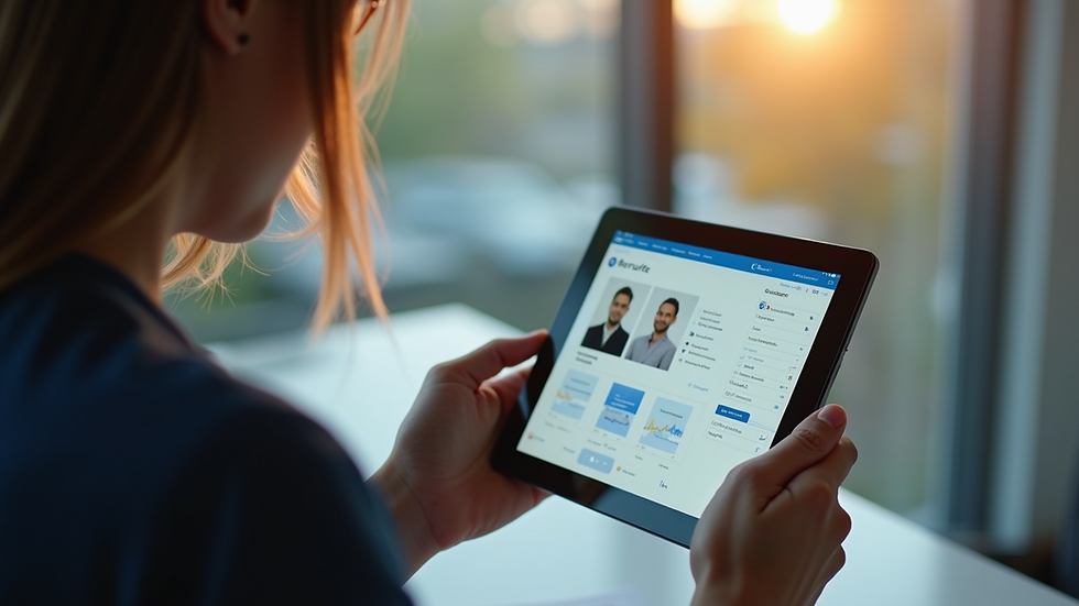 Close-up view of a recruiter reviewing candidate profiles on a tablet