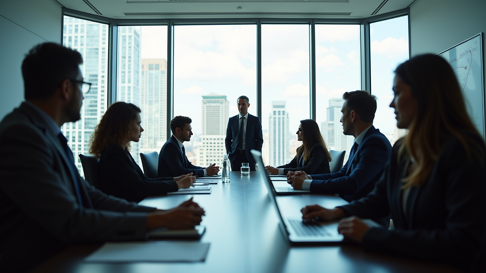 High angle view of a conference room with executive search consultants discussing strategy