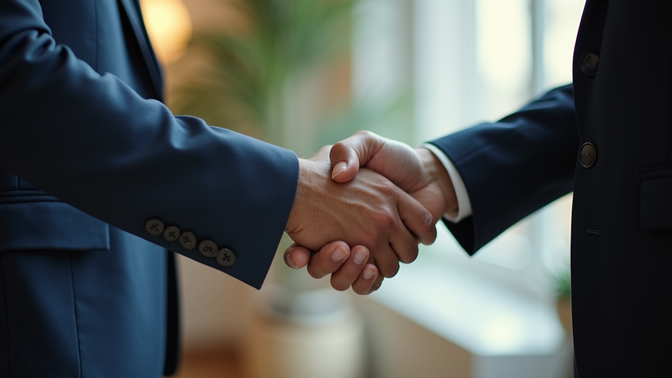 Close-up view of a professional interview setting with two people shaking hands