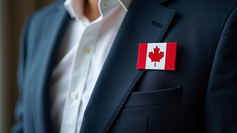 Close-up view of a Canadian flag pin on a professional blazer