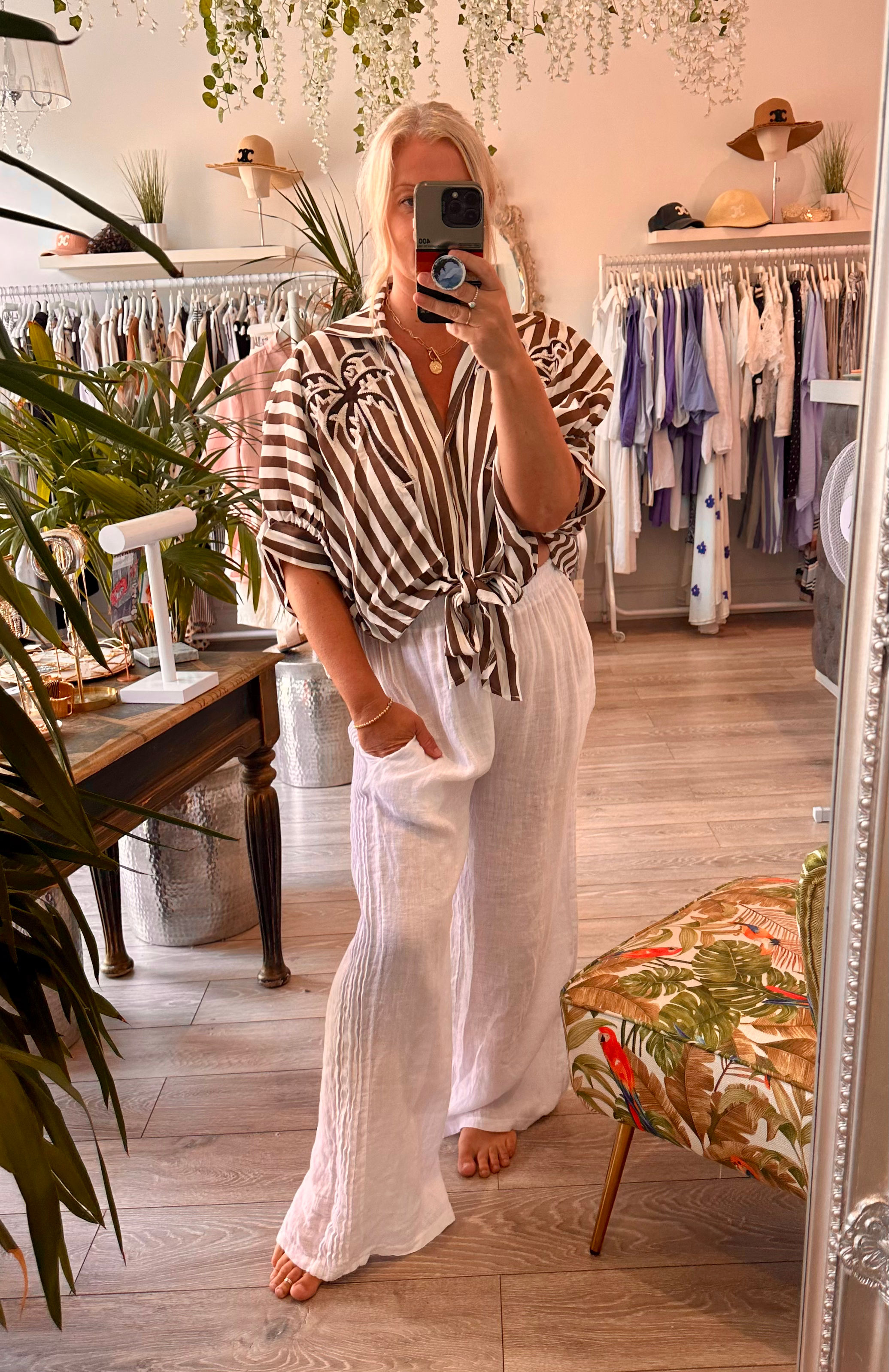 Santorini linen pintuck stripe trousers