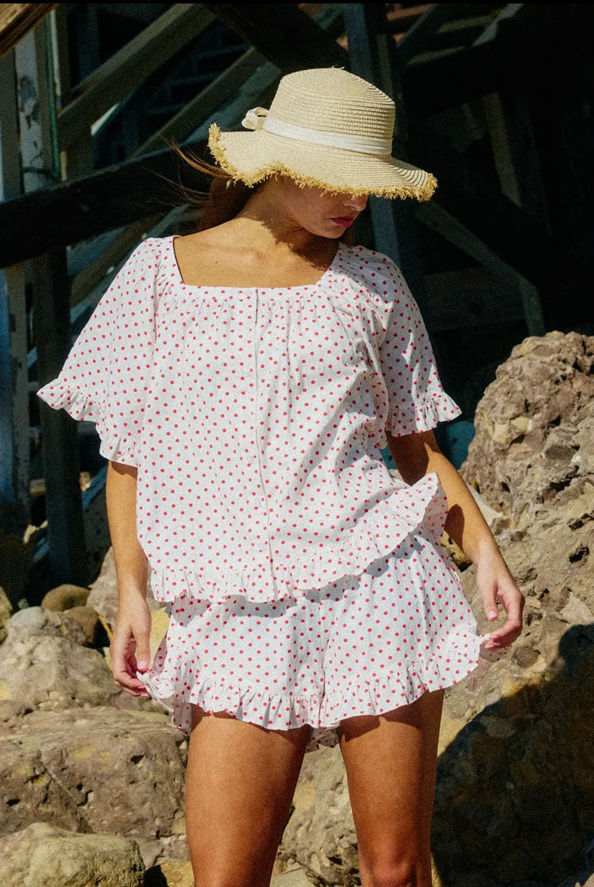 BUCKETLIST square neck polka dot top