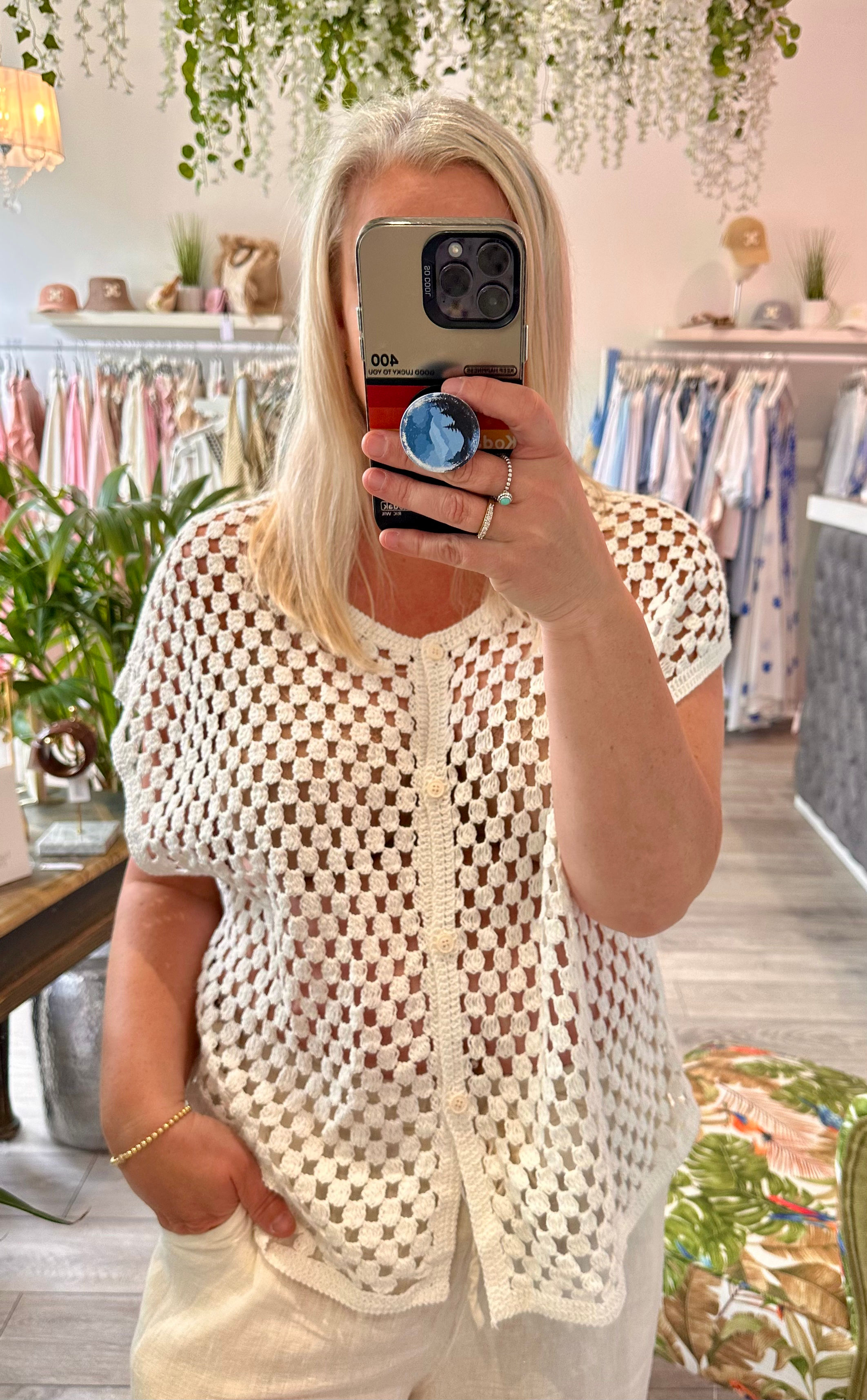 Joy crochet knit button tank