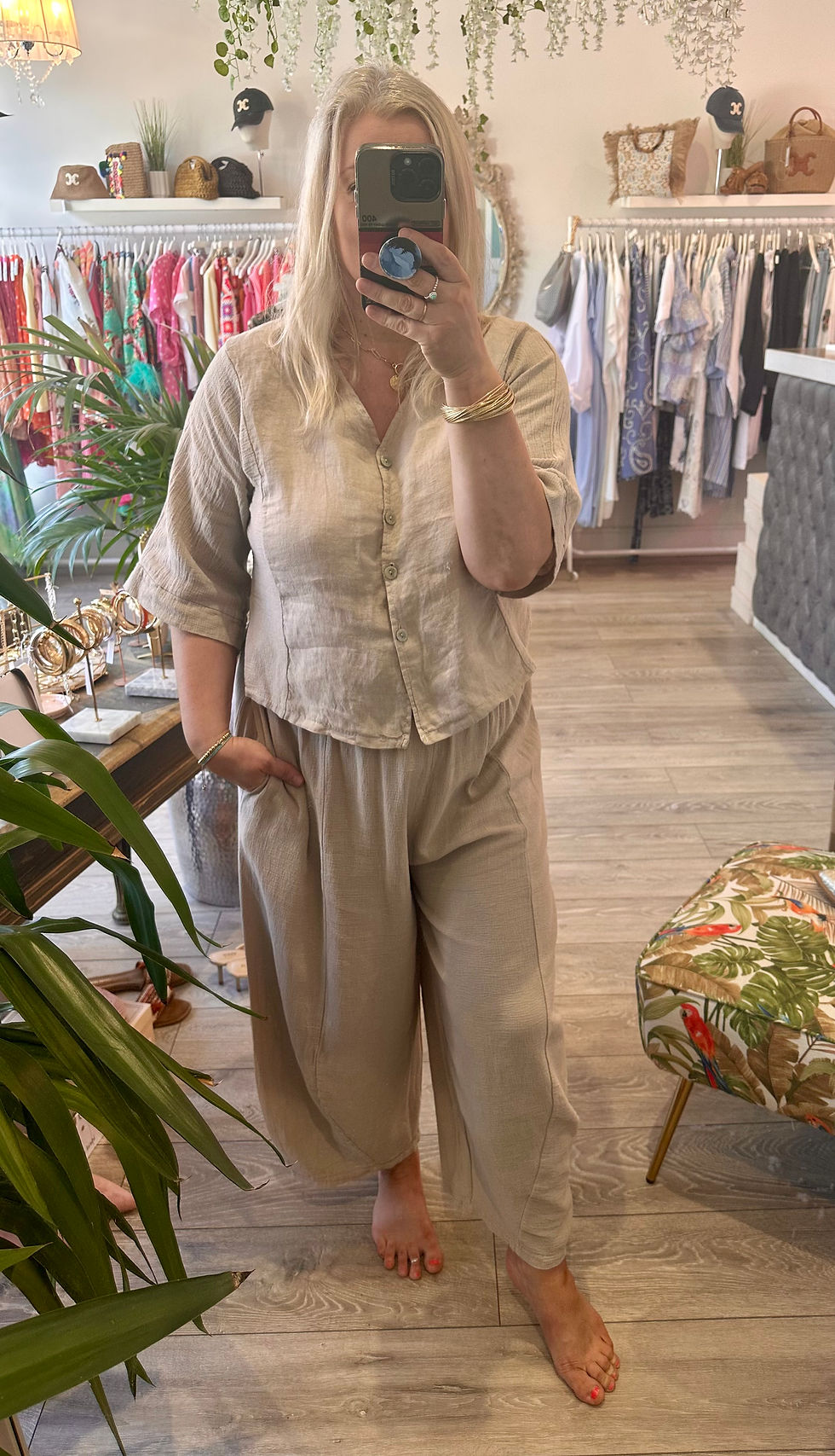 Thumbnail: Santorini hopsack linen barrel trousers