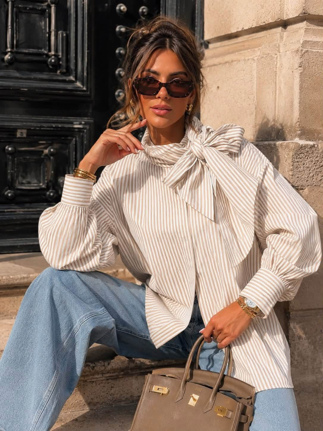 Ivana striped pussybow shirt