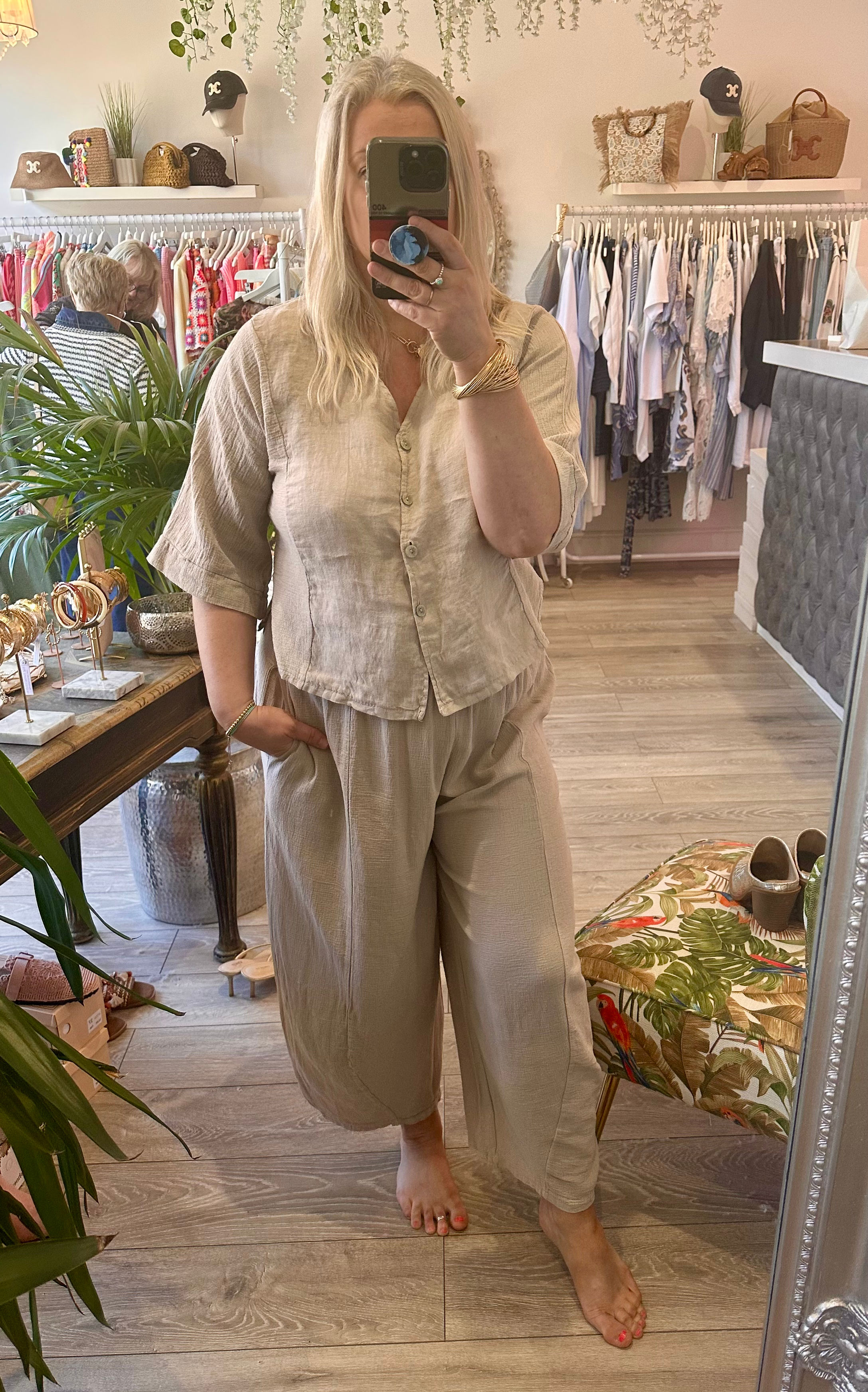 Santorini hopsack linen barrel trousers