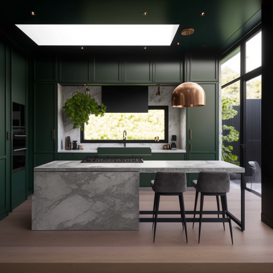 projekt ciemnej kuchni z kamieniem