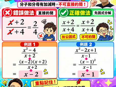 朗晴數學 Mr. Mak 30秒快速重溫重點|中二 Algebraic Fractions 代數分式,不能直接把加減項的 x 約去,先因式分解,再約公因式,附平方差及完全平方公式例題