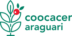 Logomarca Coocacer Araguari arvore verde com grãos vermelhos, fonte avenir com letra verde.