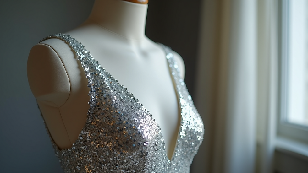 Close-up of a shimmering silver sequin dress on a mannequin