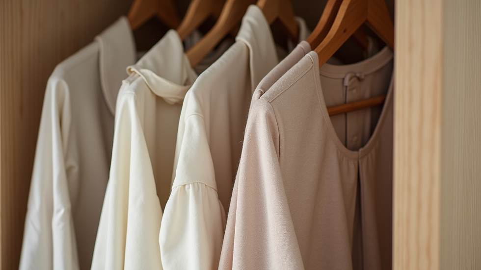High angle view of a minimalist wardrobe with neutral coloured clothes