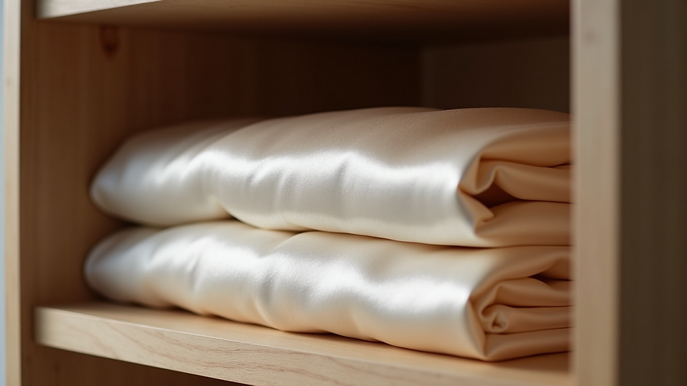 Close-up view of folded elegant silk blouses on a wooden shelf