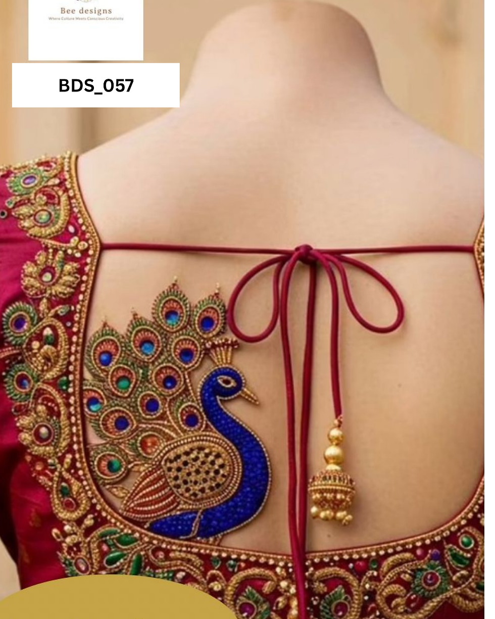 Royal Peacock Embroidered Back Tie Blouse