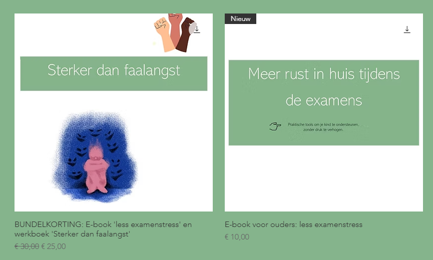 Twee e-bookcovers over examenstress: Sterker dan faalangst en Meer rust in huis tijdens de examens.