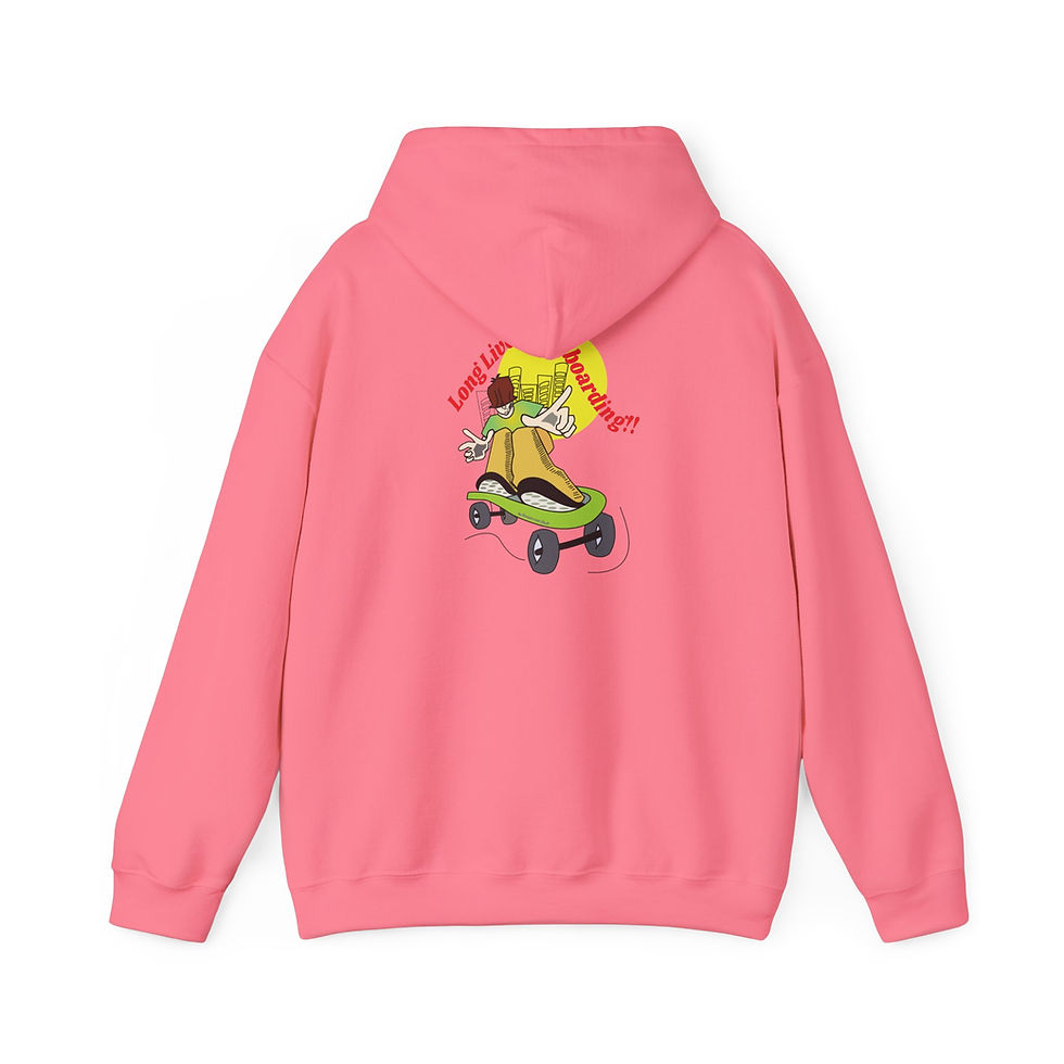 Thumbnail: Safety pink Unisex Hoodie with LONG LIVE SKATEBOARDING quote (back)