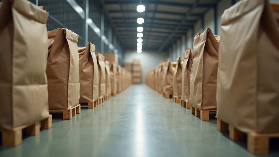 Vue de face d'un entrepôt de stockage de sacs écologiques prêts à l'expédition