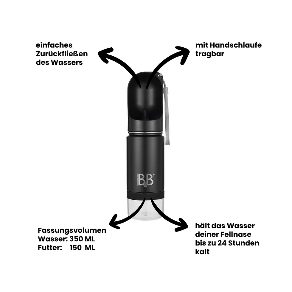 Miniaturbild: B&B Luxury 3in1 Hunde-Trinkflasche aus Edelstahl mit integriertem Napf und Futterbehälter – ideal für Reisen und Spaziergänge