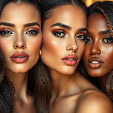 Three glamorous women of different skin tones with flawless makeup and long luxurious hair