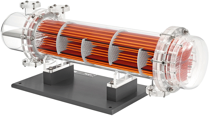 3D rendering of a floating head heat exchanger with saddle supports, designed for industri