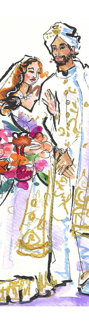Watercolor and ink painting of an Indian Bride and Groom