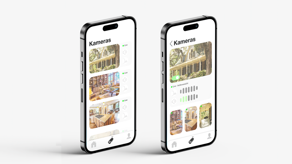 Darstellung von zwei Smartphones, welche vor weißem Hintergrund schweben. Auf diesen werden die Über- und Einzelansicht für die Überwachung der Kameras dargestellt. Die Übersicht zeigt hierbei eine Liste der aktivierten Geräte und einige Kurzfunktionen,
die Einzelansicht hingegen ein größeres Kamerabild und eine detaillierte Übersicht über die Funktionen.