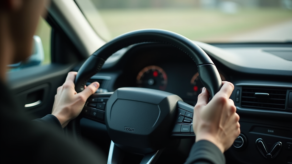 Close-up of a car steering wheel with hands gripping it firmly