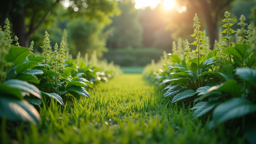 Eye-level view of a lush green garden with diverse plants