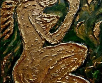 Michela Fabeni Art Gallery | Bassorilievo Donna Foglia: Oro e Verde, Luce, Volume e Linee Sinuose che parlano all'Anima, Tecnica Smussato