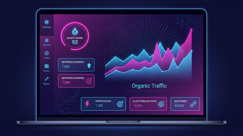 Close-up view of a laptop screen showing SEO analytics dashboard