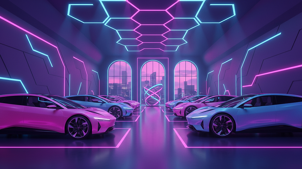 Eye-level view of a dealership showroom with cars lined up