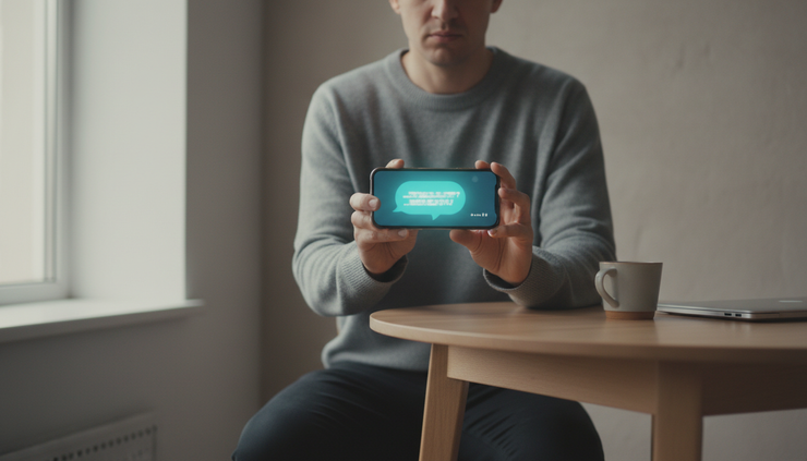 Eye-level view of a person staring at a phone with a suspicious message on the screen.