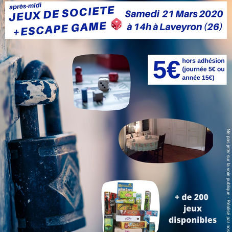 Les inscriptions pour l'après-midi jeux de société + escape game du samedi 21 mars 2020 sont ouv
