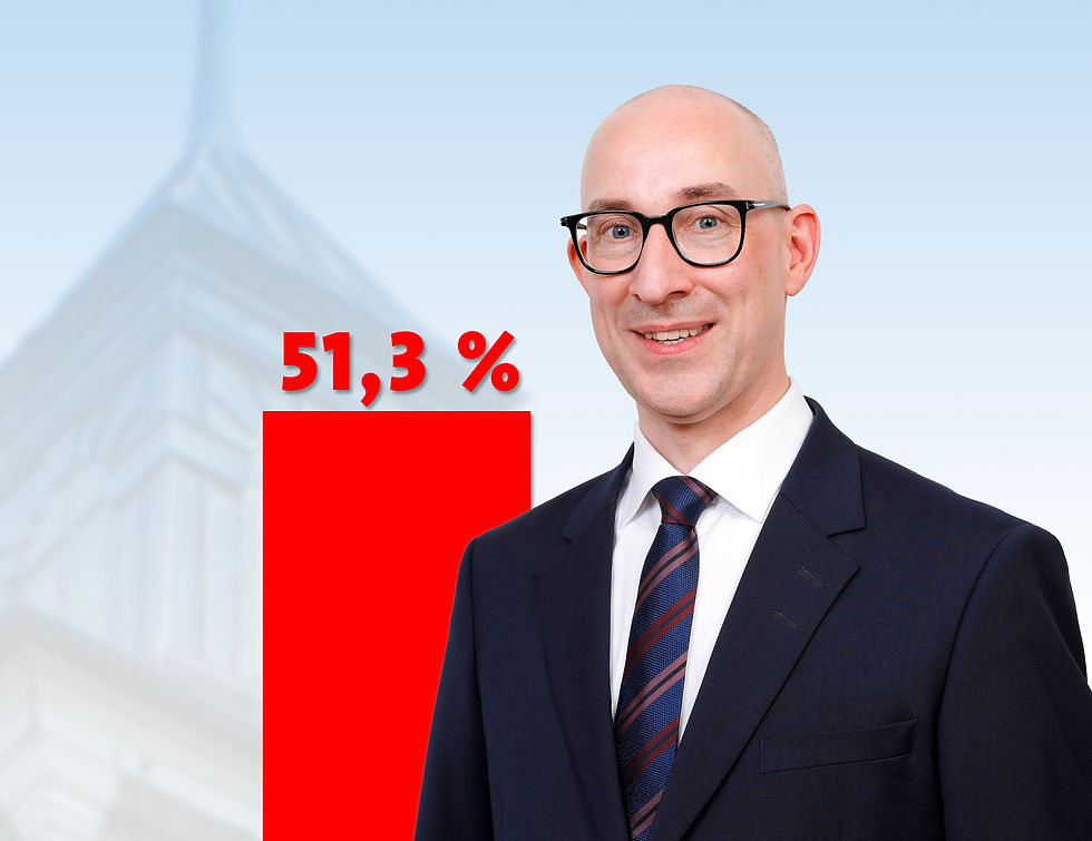 Bürgermeister Dirk Woschei vor einer stilisierten Rathauskulisse mit rotem Balken und dem Wahlergebnis von 51,3 Prozent