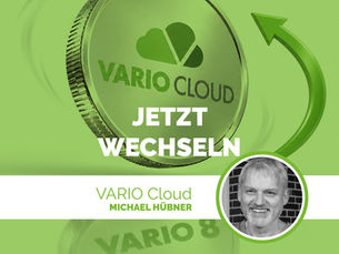 grünes Motiv mit VARIO Cloud Logo, Aufwärtspfeil, Schriftzug „Jetzt wechseln“ und Michael Hübner von OSKO IT