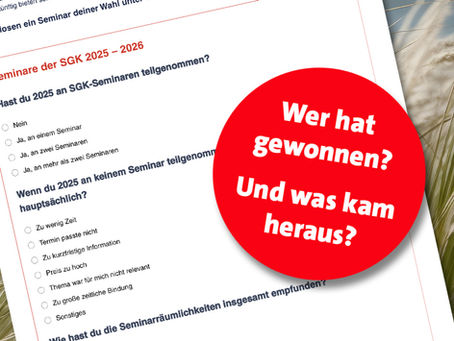 Fragebogen zur Seminar-Umfrage mit Auswahlfeldern und Hinweis auf Verlosung von Seminarplätzen