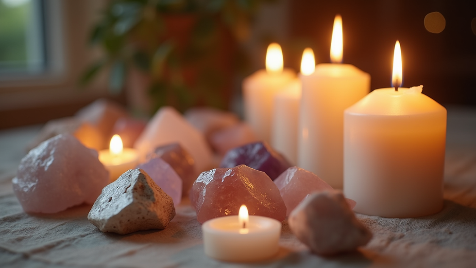 Close-up view of a serene altar with crystals and candles for womb healing