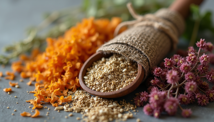 Close-up view of dried herbs and flowers used for womb healing