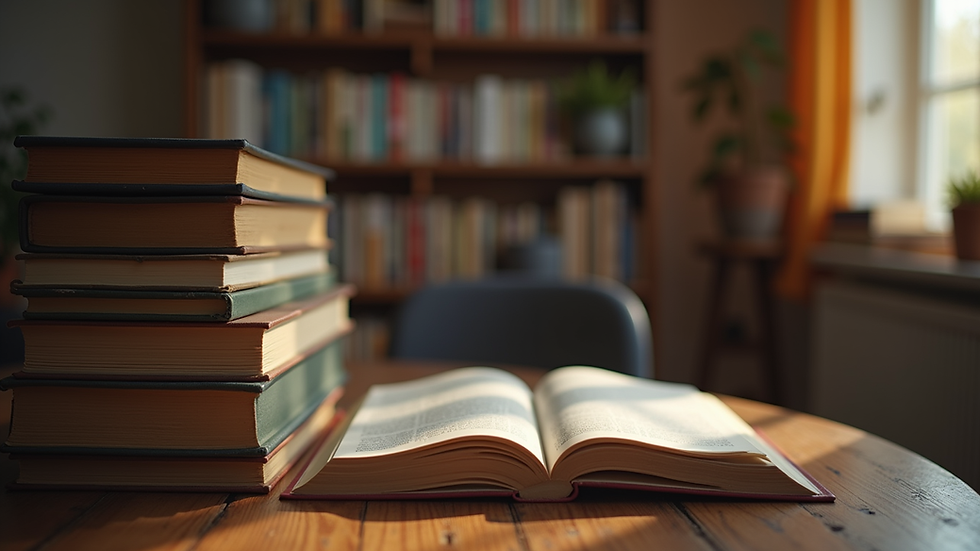 Eye-level view of a cozy reading nook with a stack of books