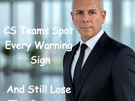 A serious-looking professional man in a dark suit stands in a bright, modern office setting. Overlaid text reads: “CS Teams Spot Every Warning Sign And Still Lose The Customer,” highlighting the disconnect between risk awareness and action in Customer Success.
