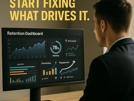 image of a CSM in a modern office, intently staring at a glowing digital dashboard labeled “Retention.” The screen shows charts, metrics, and performance indicators. His expression suggests focus and concern, symbolizing the overreliance on monitoring metrics rather than taking strategic action.