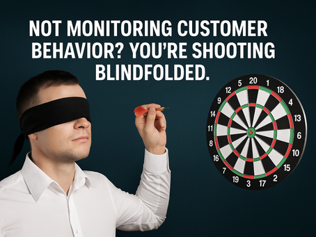 A blindfolded man aiming a dart at a dartboard with the caption: "Not monitoring customer behavior? You’re shooting blindfolded." Illustrates the risk of making Customer Success decisions without behavioral data.